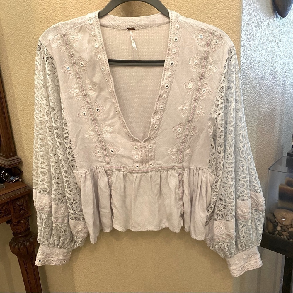 FREE PEOPLE Women Light Blue Boogie All Night Lace Balloon Sleeves Boho Top-S
